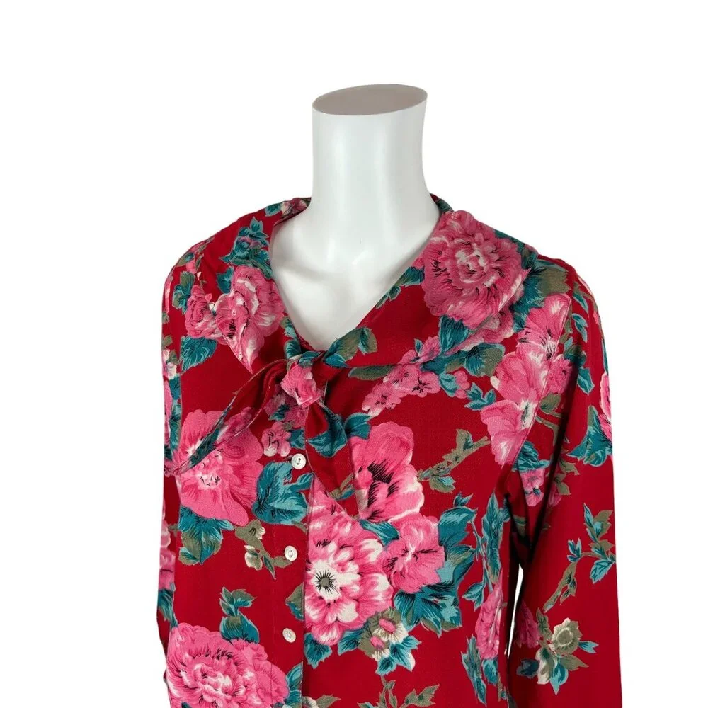 Vintage 90s Floral Blouse Women's Medium Red Pink Print Rayon Necktie Top - Picture 3 of 11